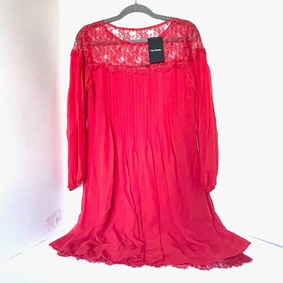 The Kooples Red Lace Chiffon Shift Dress Medium Red Long Sleeve Pleated Mini - Picture 2 of 9